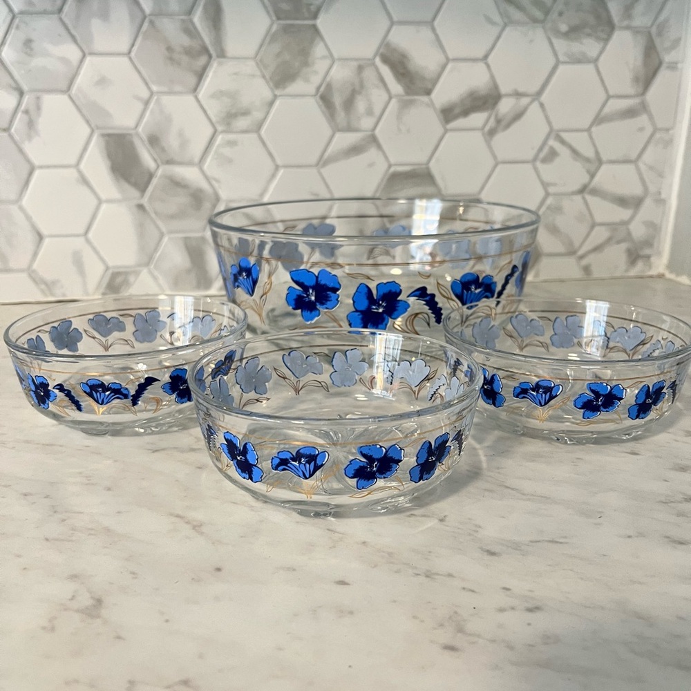 Rare Vintage DeValbor Glass Bowl Set with Blue Flowers
